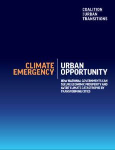 blaues Cover mit text orange "Climate emergency" und Titel in weiß "Urban opportunity"
